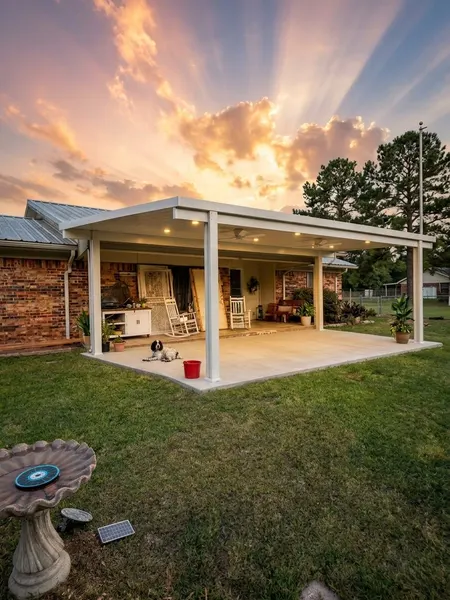 Freestanding patio cover with recessed lighting and ceiling fans at sunset — CertiPro project