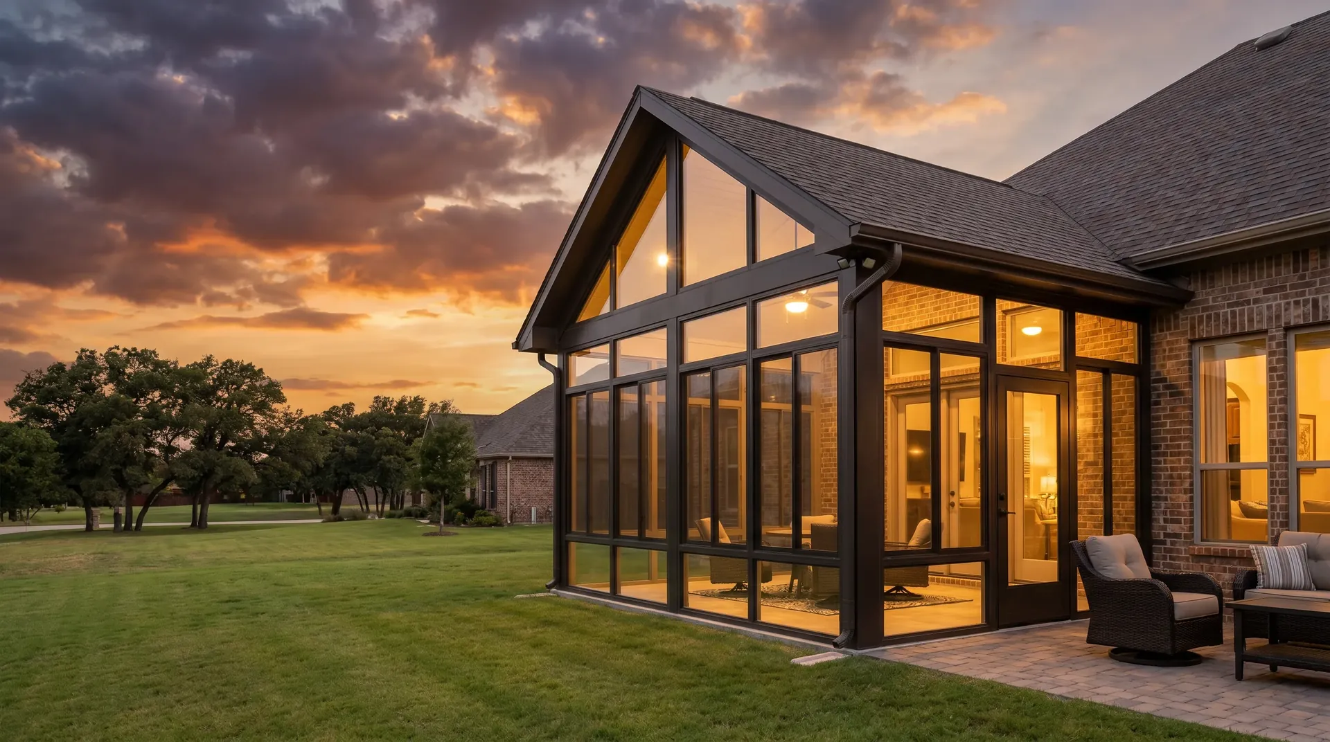 Modern glass and screened patio enclosure on a Fort Worth home at dusk