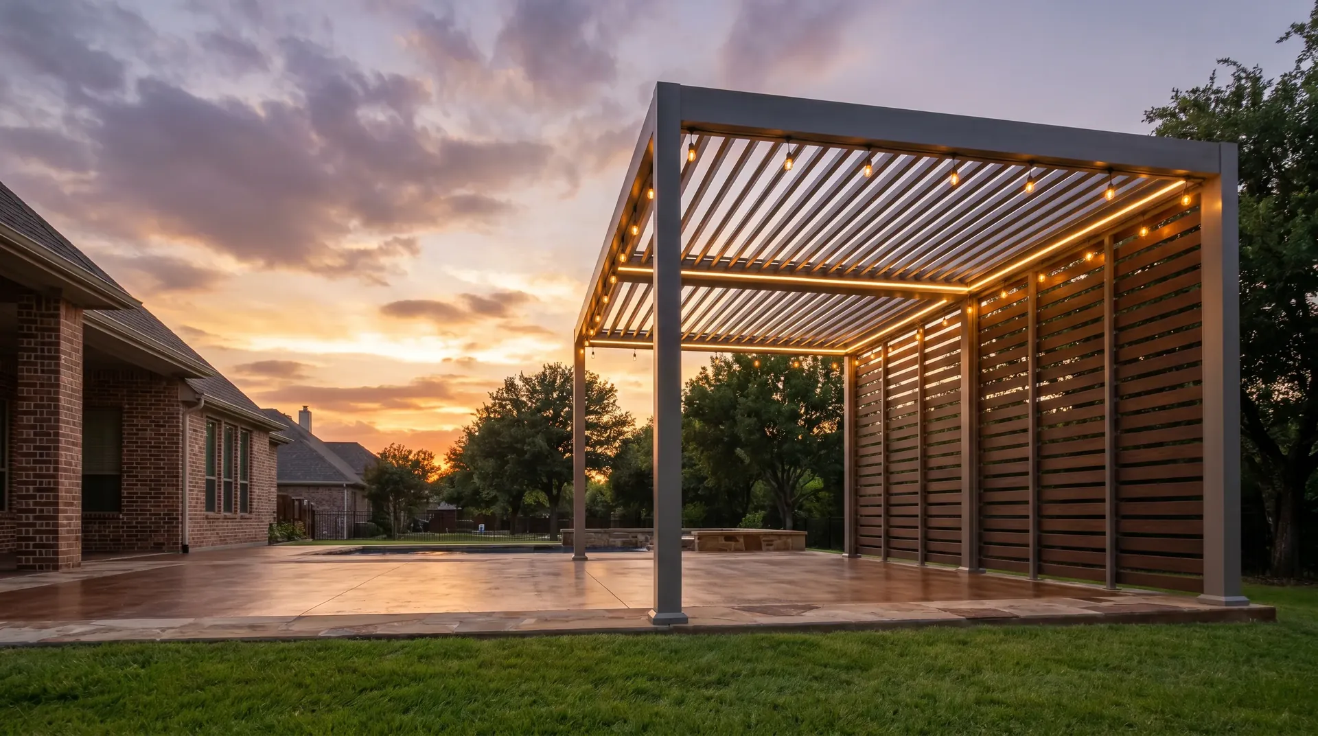 Modern custom pergola on a Fort Worth home at dusk