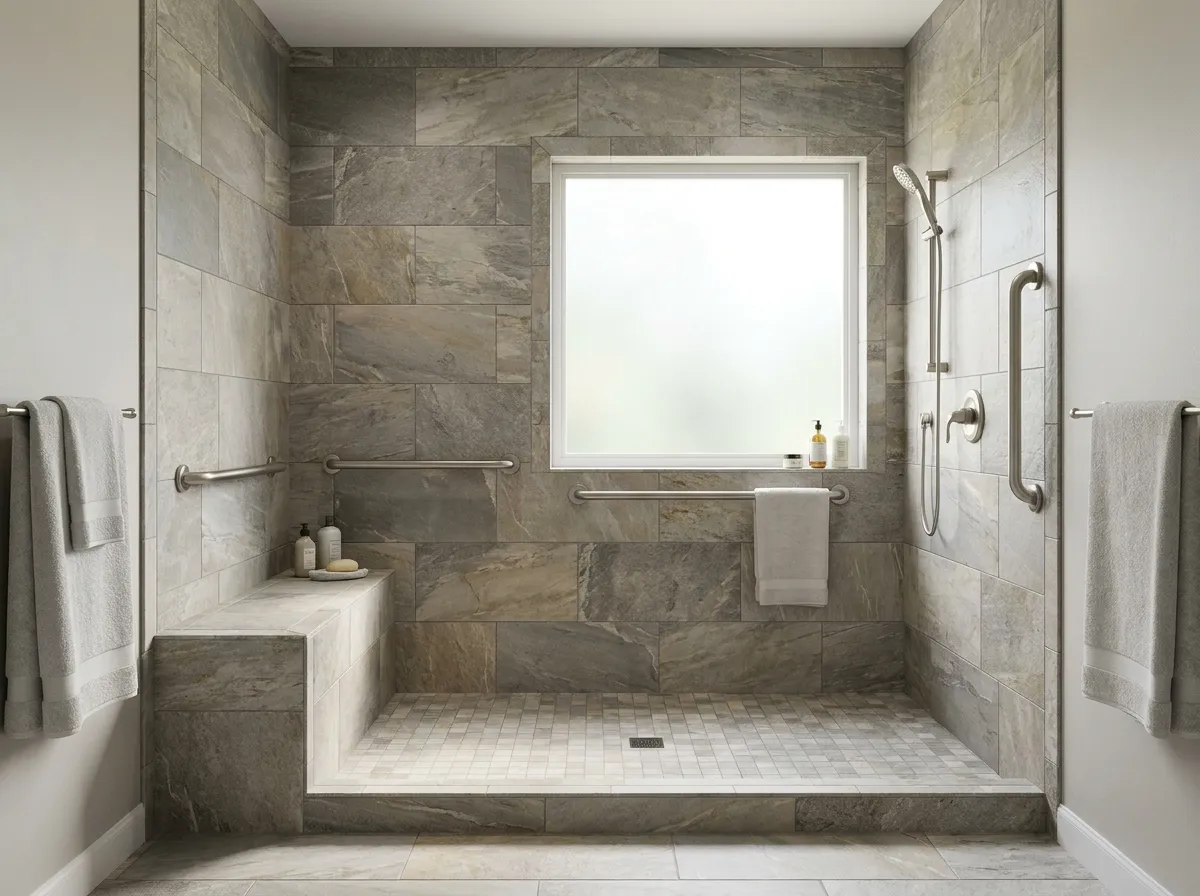 Tub-to-shower conversion with walk-in shower, bench seating, and brushed nickel grab bars