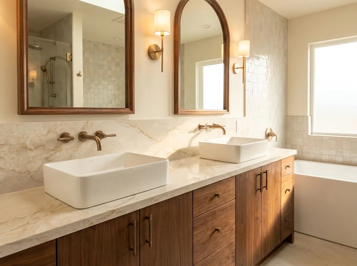 Double-vanity bathroom remodel with quartz countertops and rectangular vessel sinks