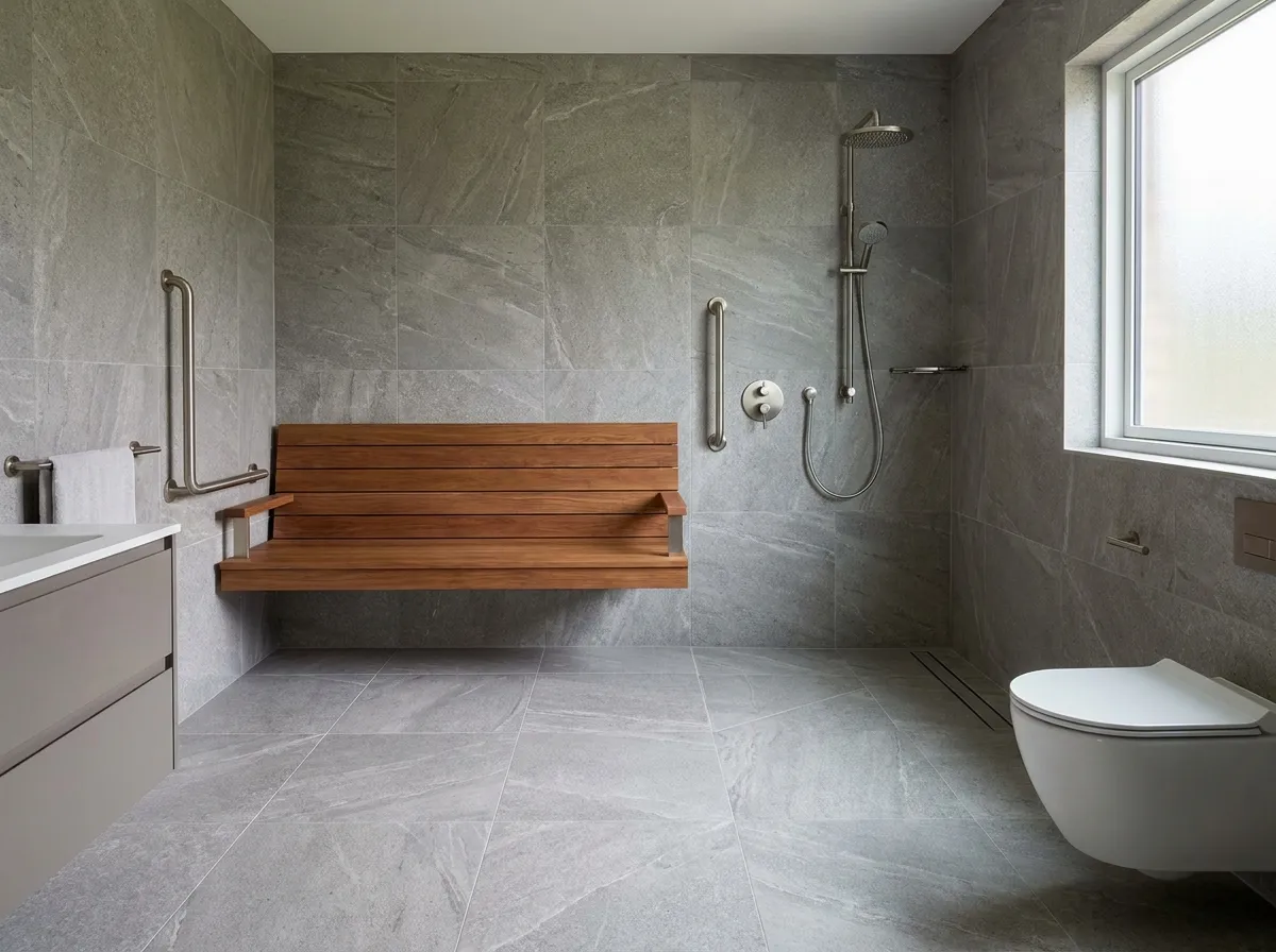 Walk-in accessibility bathroom with curbless shower, large format tile, and grab bars