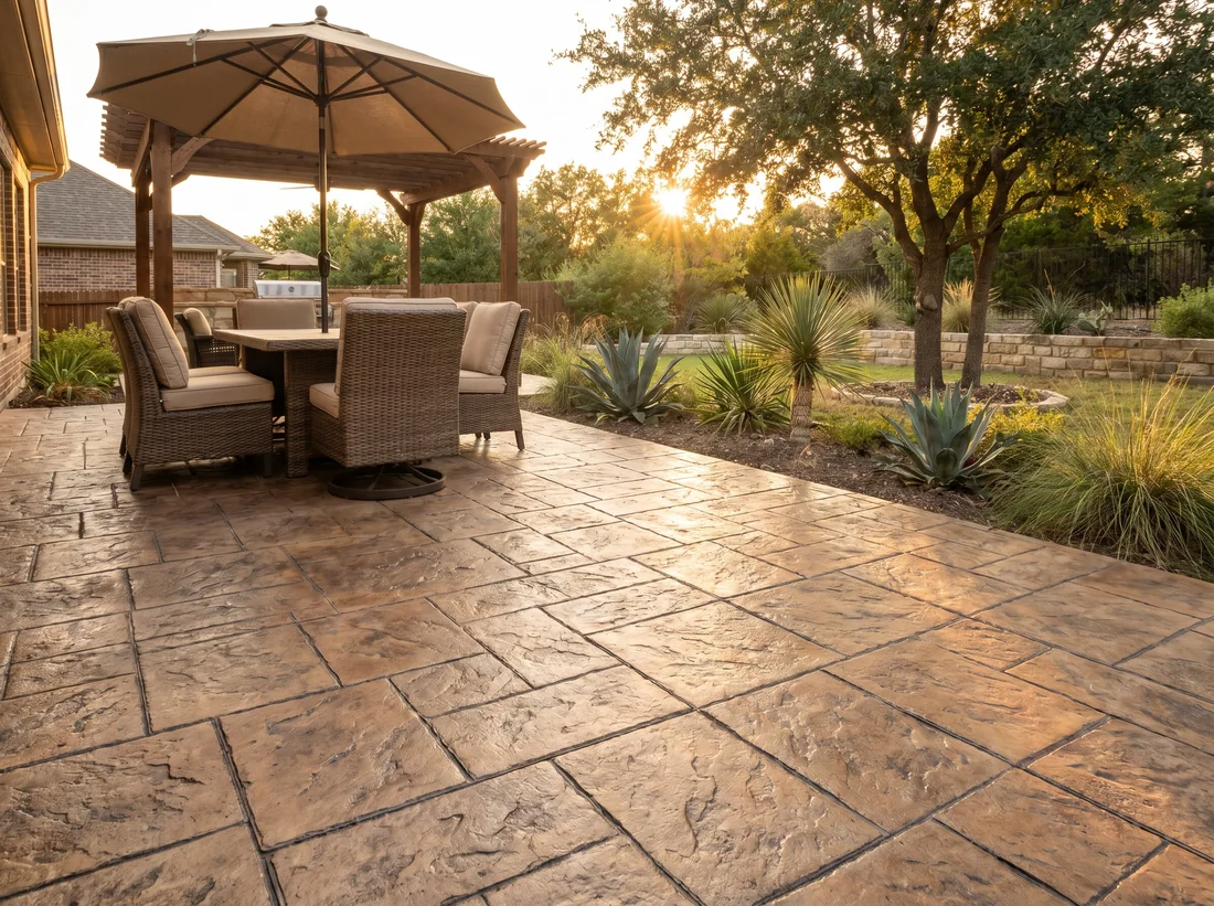 Stamped concrete patio in an ashlar slate pattern in a Fort Worth backyard — CertiPro project