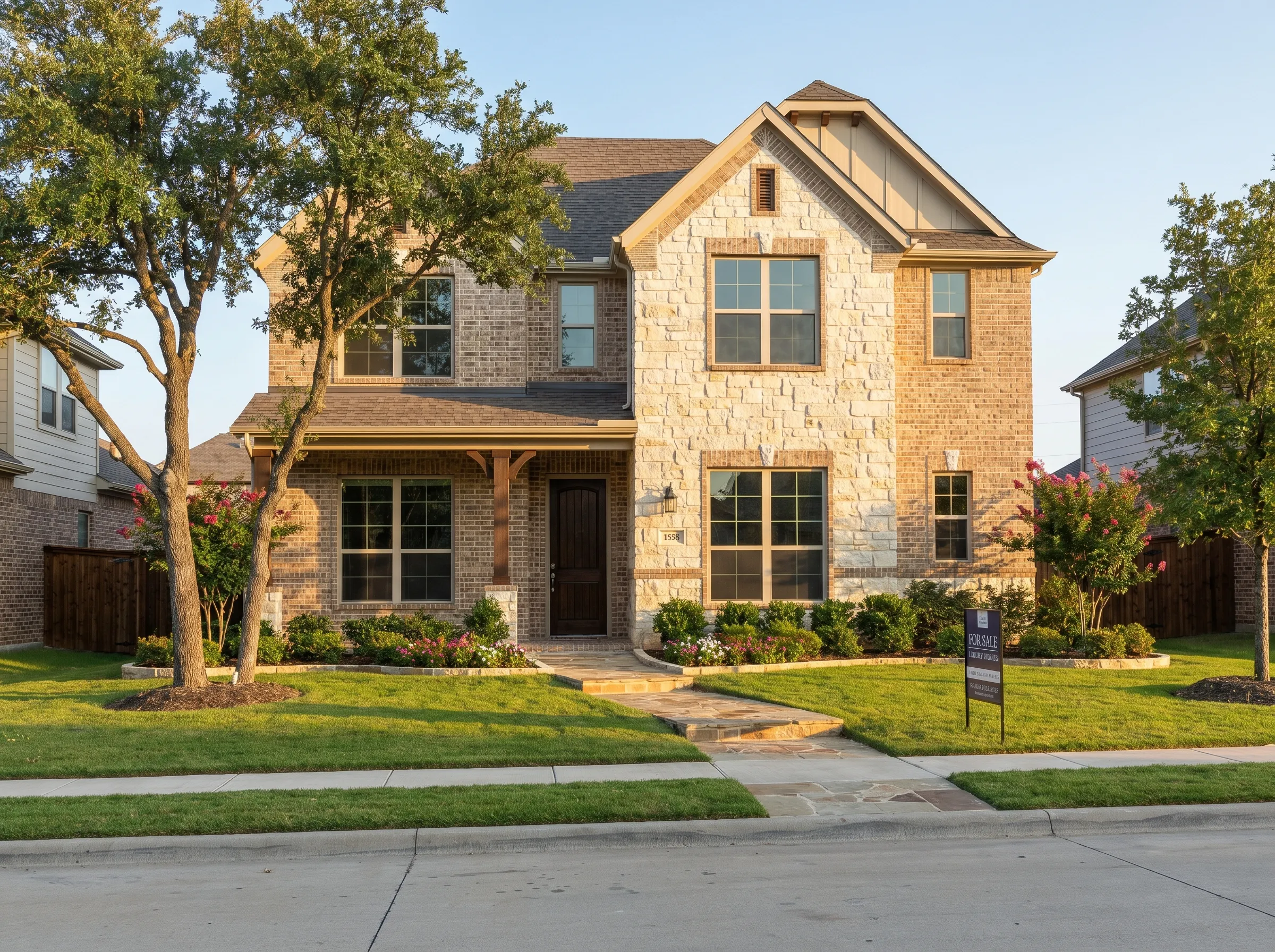 Completed new home exterior built by CertiPro general contractors in Fort Worth — brick and stone facade with mature landscaping