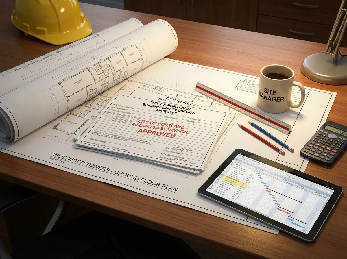 Construction blueprints and permits organized on a CertiPro project manager's desk — DFW general contractor permit handling
