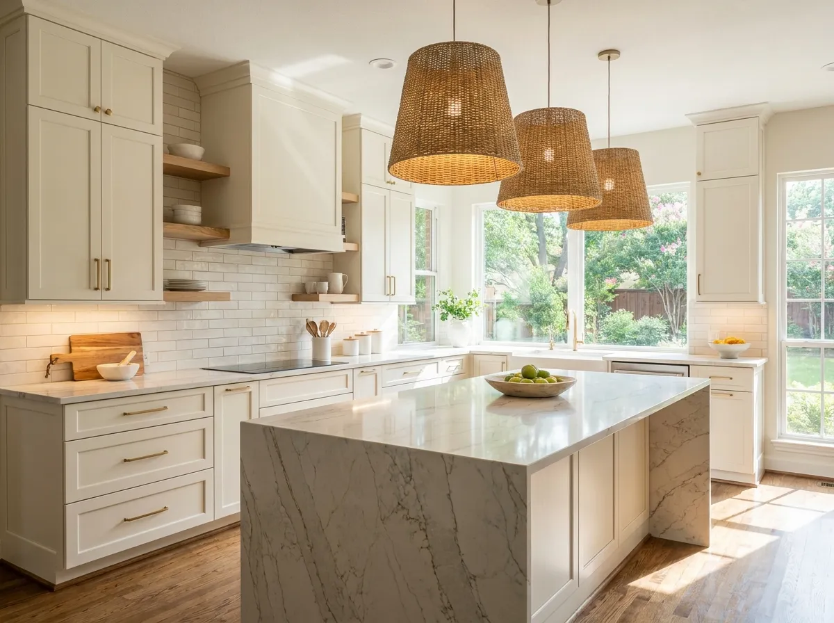 Custom kitchen remodel with quartz island and gold hardware completed by CertiPro in Fort Worth, TX