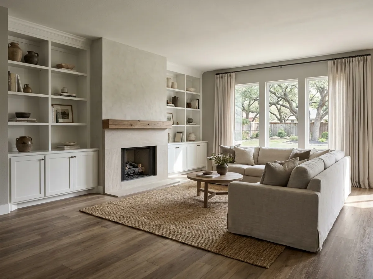 Open-plan living space renovation with built-in shelving and fireplace completed by CertiPro in DFW